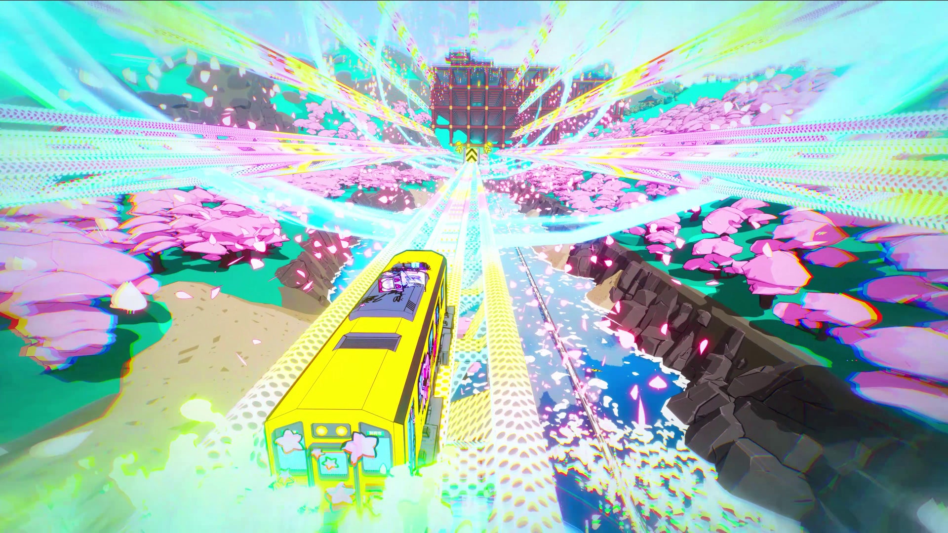 In Denshattack, your train tears down a holographic rail towards a big jump. - 1