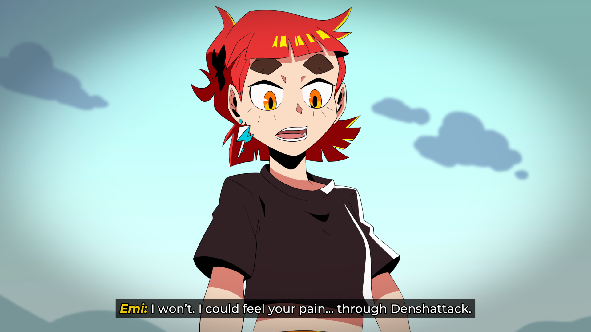 Emi consoles a beaten rival in a Denshattack cutscene.