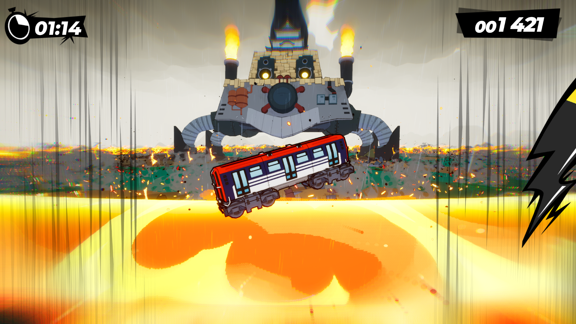 Dodging flame attacks from a castle-shaped mech boss in Denshattack.