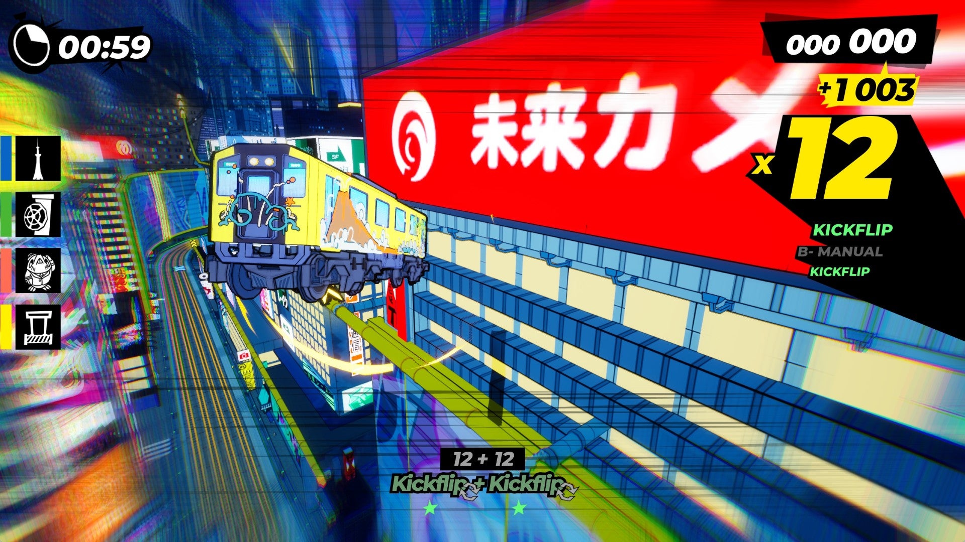 Jumping a train across a neon-lit Tokyo street in Denshattack.