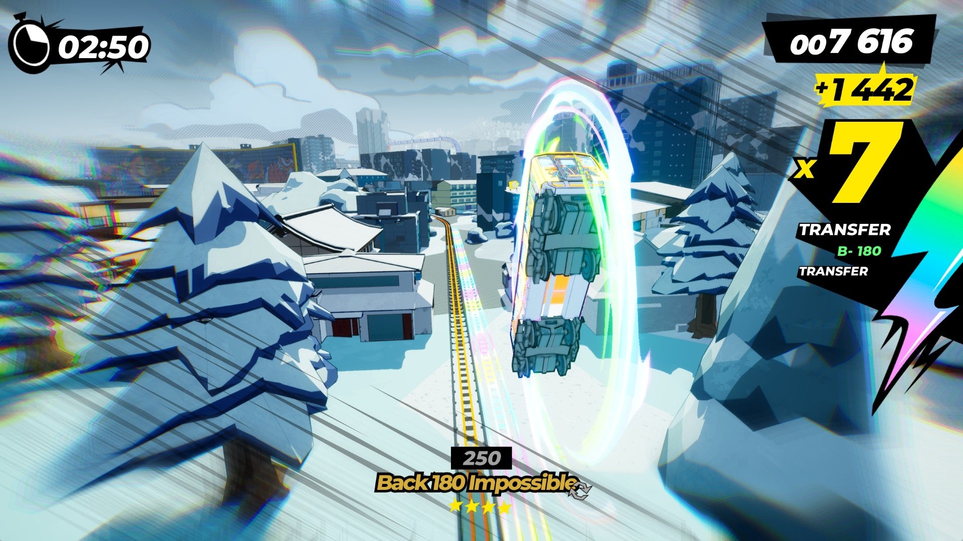 Flipping a train through a snowy Japanese town in Denshattack.