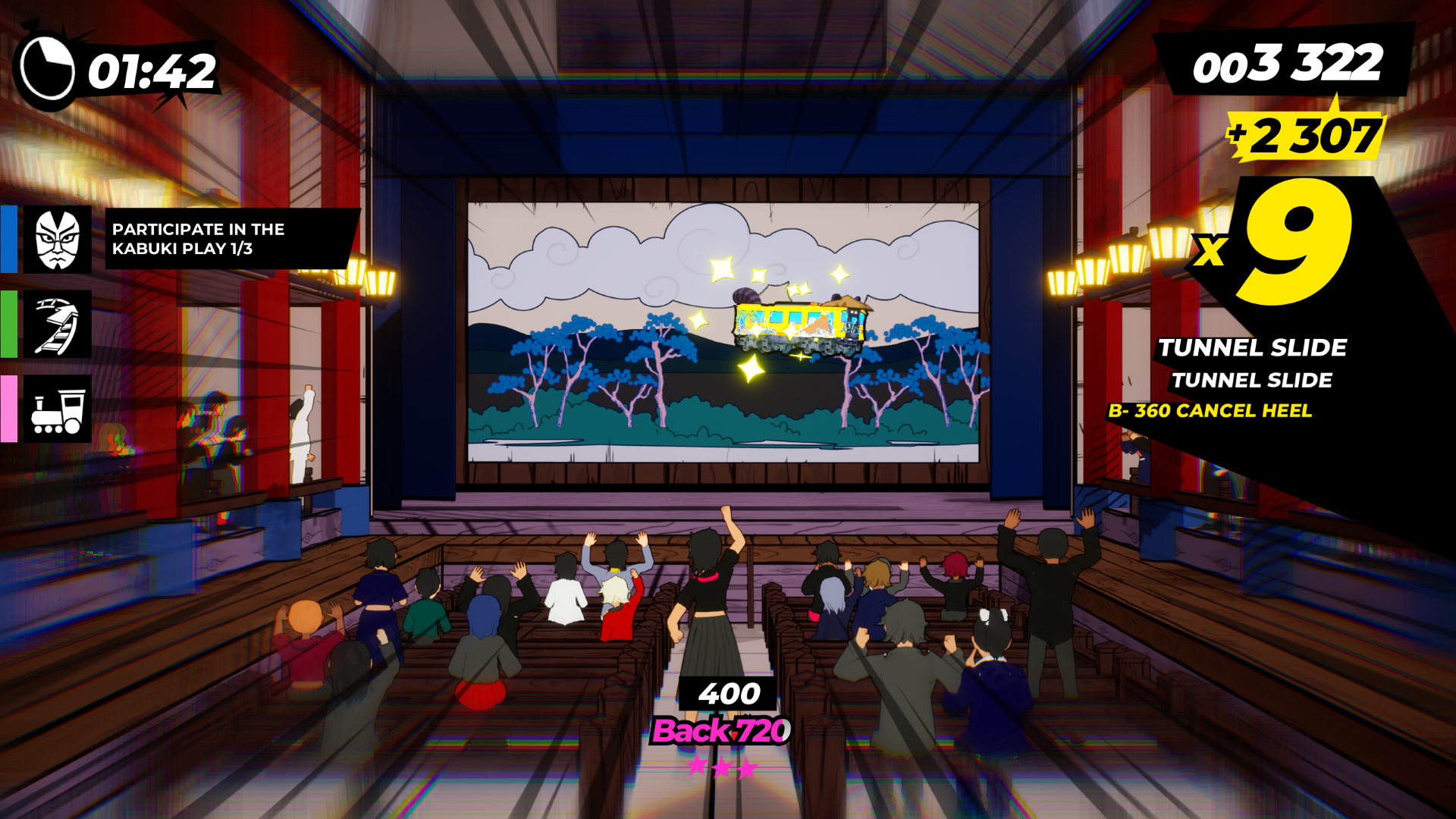Flipping a train across a kabuki theatre stage in Denshattack.