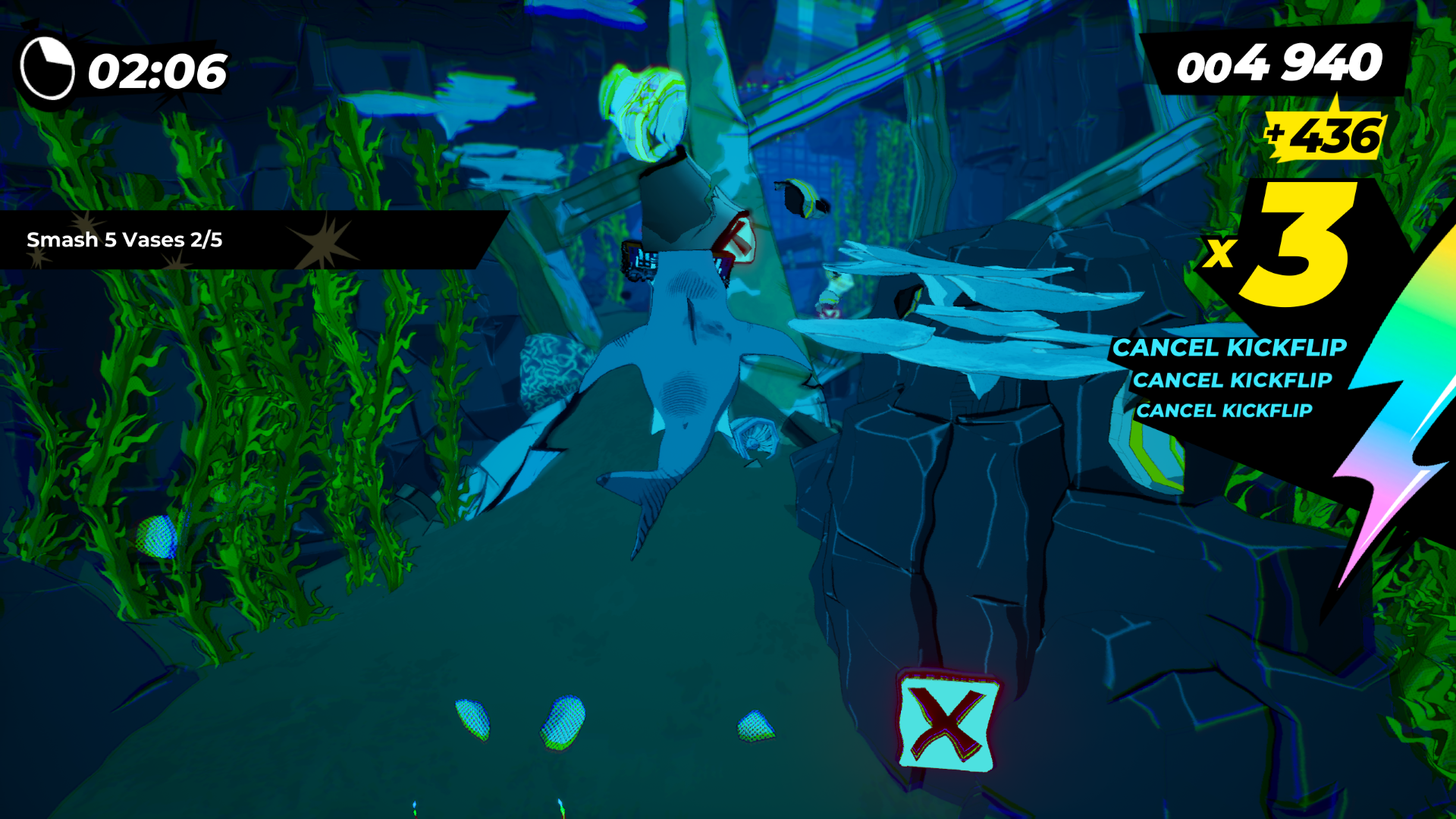 With Emi's train in its jaws, a giant shark swims through underwater obstacles in Denshattack.