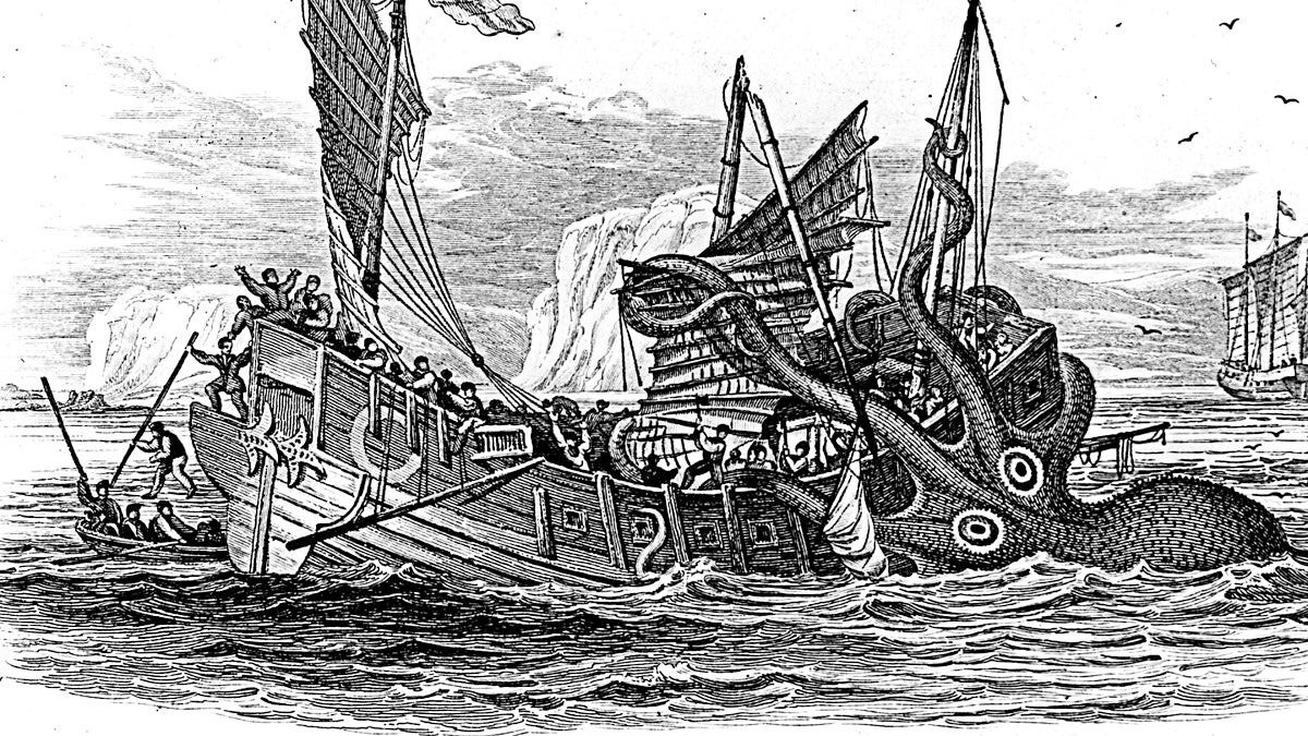 A vintage drawing of a giant squid attacking a sailing ship - 1
