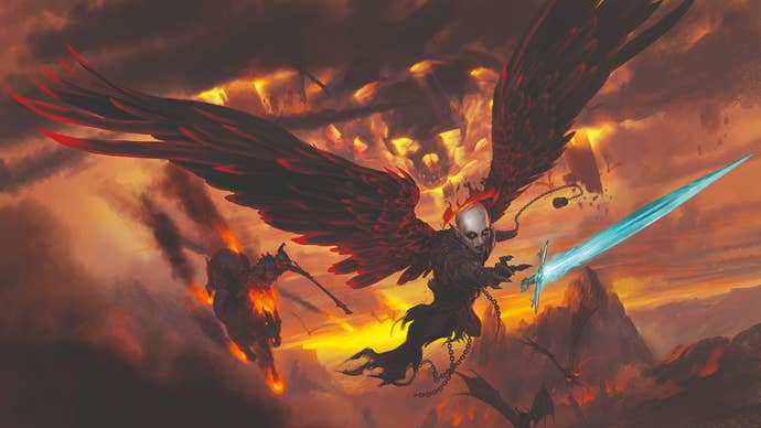 Baldur’s Gate: Descent into Avernus cover art, showing a winged fiend flying through hell, while another rides atop a fiery horse.