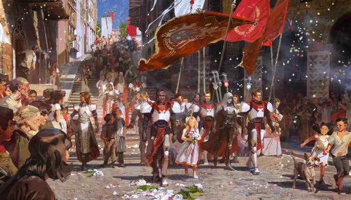 Destiny 2 concept art showing The Tower at the peak of its power; red banners, guardians marching down packed streets, confetti, celebration.