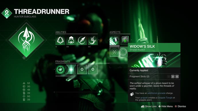 Destiny 2 Lightfall - the Strand subclass screen shwoing abilities and a green hue