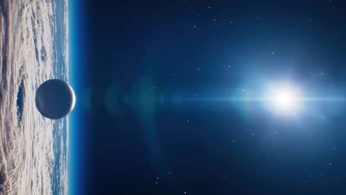 A sideways view of Destiny’s Traveller - and the sun – and the empty reaches of space around them.