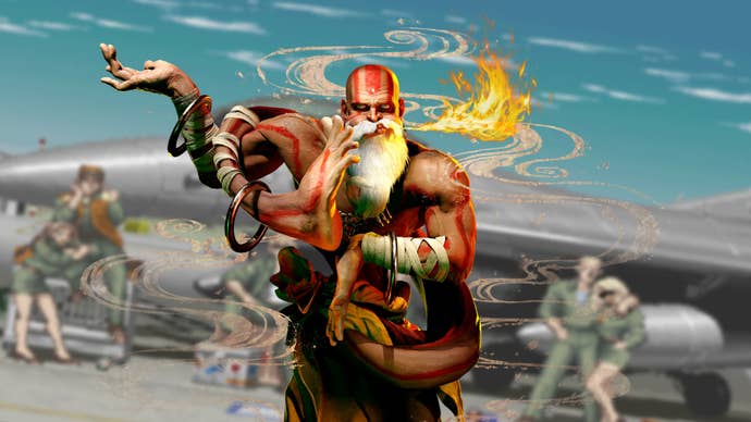 Street Fighter 6’s Dhalsim appears over a slightly blurred background from Guile’s stage in Street Fighter 2. You can make out some ground staff and a plane.