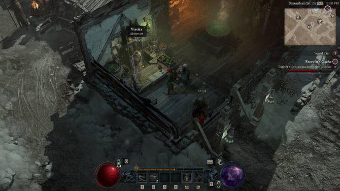 Diablo 4 screenshot showing a Rogue inside the Alchemist’s shop in Kyovashad.
