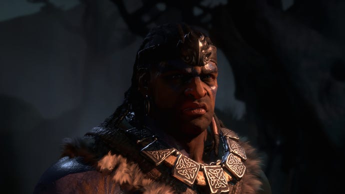 A close-up shot of a Barbarian in Diablo 4.