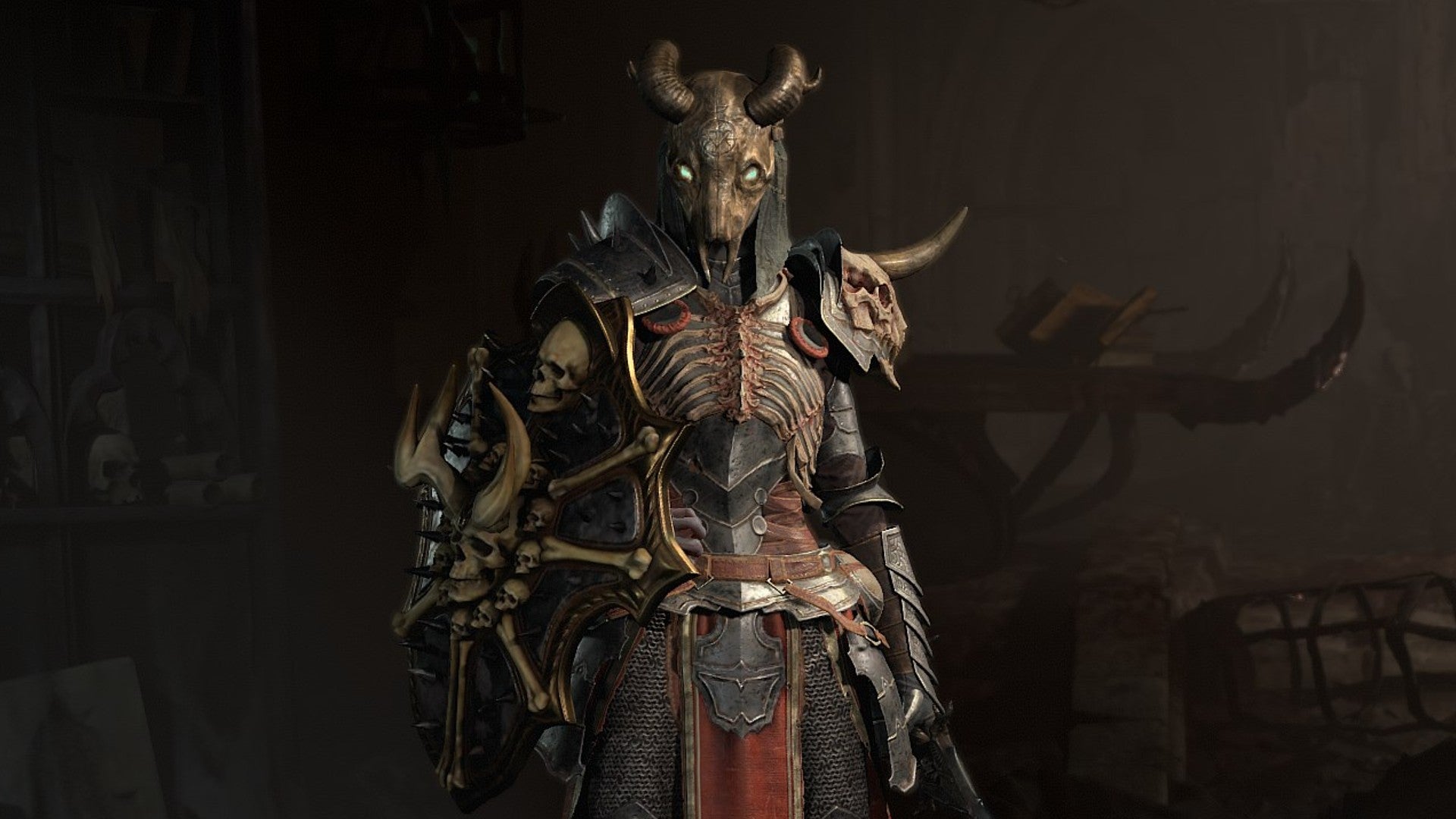 Diablo 4 image showing a Necromancer wearing armor adorned with skulls, and with a Goat Skull helmet on. - 1
