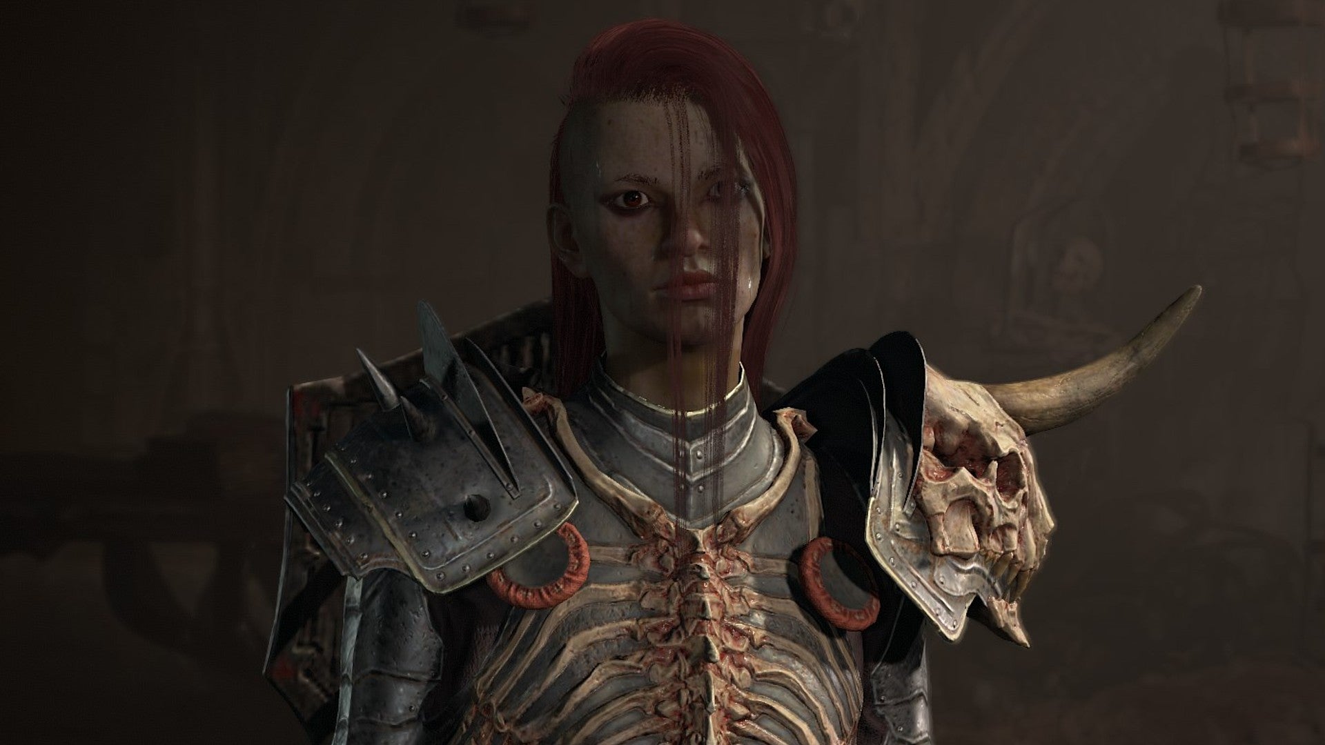 Diablo 4 screenshot showing a red-headed Necromancer in skeletal armor. - 4
