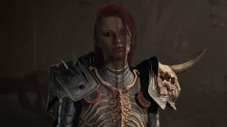Diablo 4 screenshot showing a red-headed Necromancer in skeletal armor.
