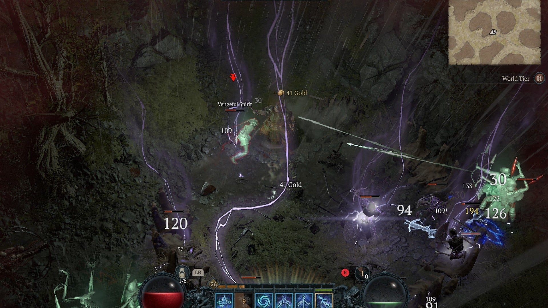 Diablo 4 screenshot showing a Druid calling down bolts of lightning. - 4