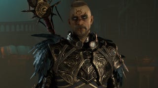 Diablo 4 screenshot showing a Sorcerer with shining eyes and a red tattoo of a third eye on their forehead.