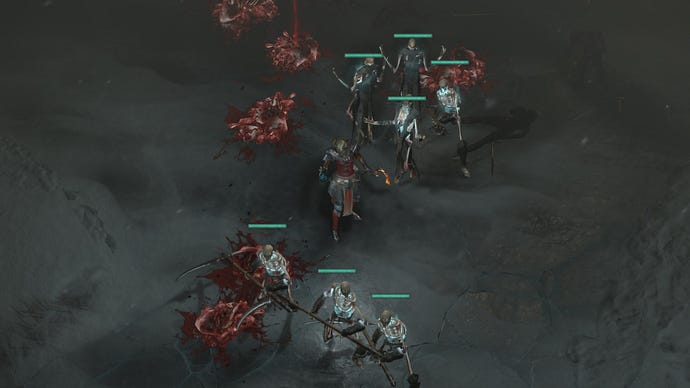 Diablo 4 screenshot showing a Necromancer surrounded by skeletal minions and corpses.