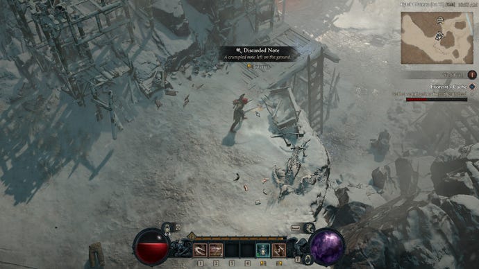 Diablo 4 image showing a Rogue stood by the Secret of the Spring note in the Fractured Peaks.