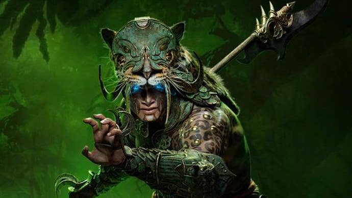Diablo 4 Vessel of Hatred promo image showing a male with cheetah like headwear
