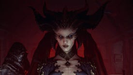 Diablo 4 image showing Lilith and Elias together in a room lit with a blood-red glow.