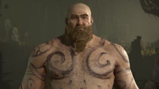 Diablo 4 image showing a Druid with swirling tattoos on their chest, stood against a grey/green backdrop.