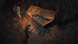 Two huntas open a sarcophagus up in Diablo 4.