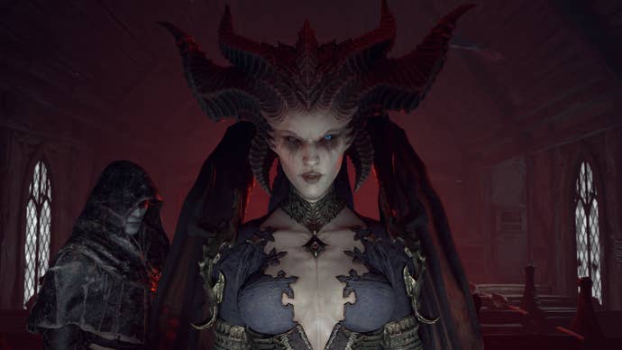 Diablo IV villain Lilith snarls as she leaves a chapel, in which she’s just casually incited a murder.