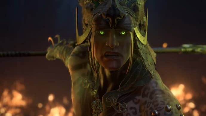 Close up of Diablo 4 Spiritborn character holding staff behind him with glowing green eyes
