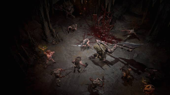 A bald barbarian prepares to swing his sword at a terrifying axe-wielding demon in Diablo IV