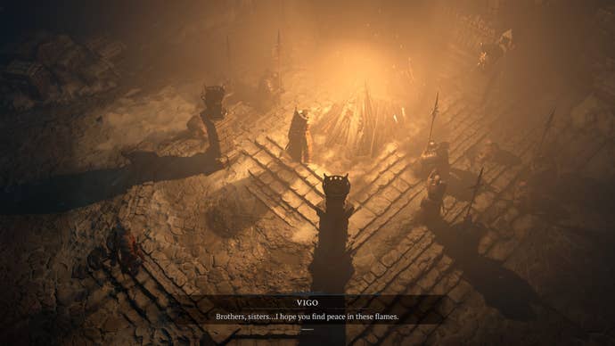 Diablo 4 review image, Vigo looking at a burning pyre.