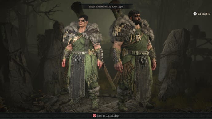 Diablo 4 character creator showing two body types for the Druid class