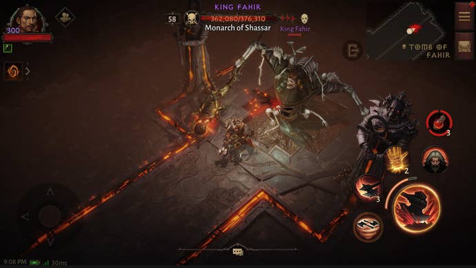 Diablo Immortal Barbarian swinging an axe at King Fahir, Monarch of Shassar, a demonic boss in the Tomb of Fahir.