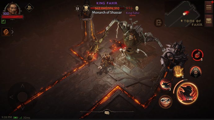 Diablo Immortal Barbarian swinging an axe at King Fahir, Monarch of Shassar, a demonic boss in the Tomb of Fahir.