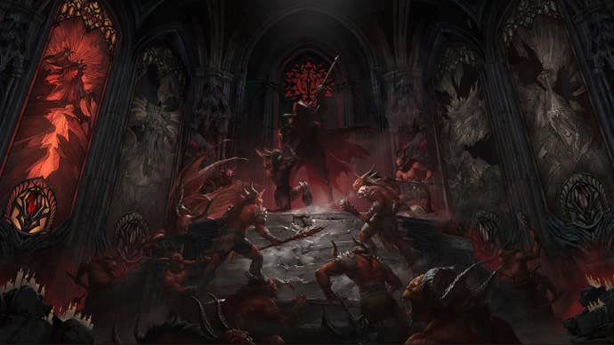 A Blood Knight fights demons in artwork for Diablo Immortal