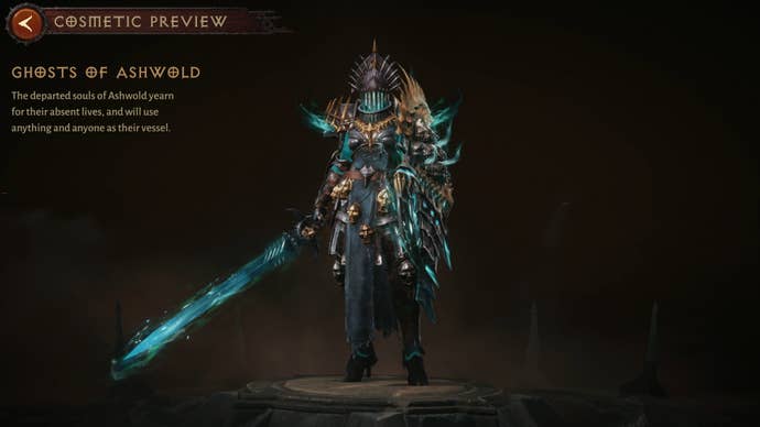 Diablo Immortal Crusader wearing the Ghosts of Ashwold cosmetic set