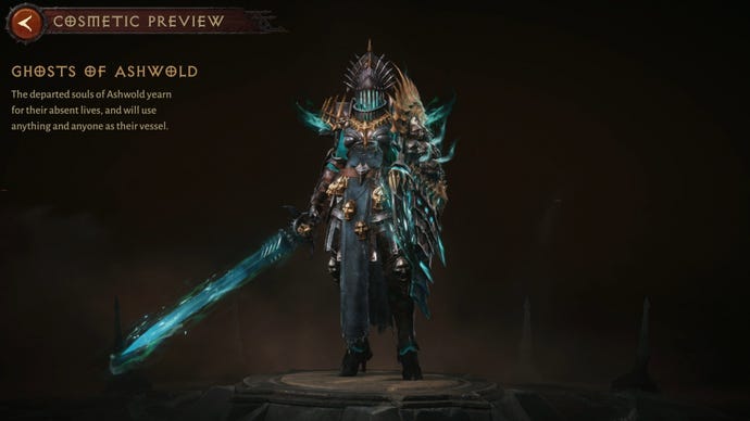 Diablo Immortal Crusader wearing the Ghosts of Ashwold cosmetic set