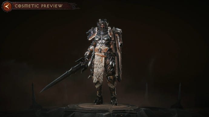 Diablo Immortal Crusader wearing a full set of Legendary Gear in the preview screen