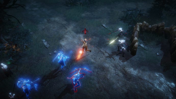 Diablo Immortal’s Demon Hunter killing blue spectral enemies with a crossbow on a murky dirt path.