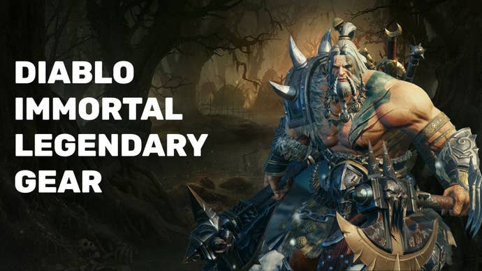 Diablo Immortal image showing a Barbarian on the right and the words “Diablo Immortal Legendary Gear” on the left.