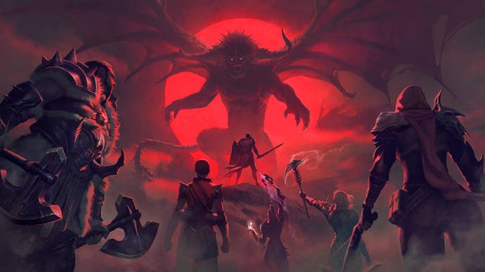 Key art from Diablo Immortal’s Terror’s Tide major update showing a demon facing off against warriors