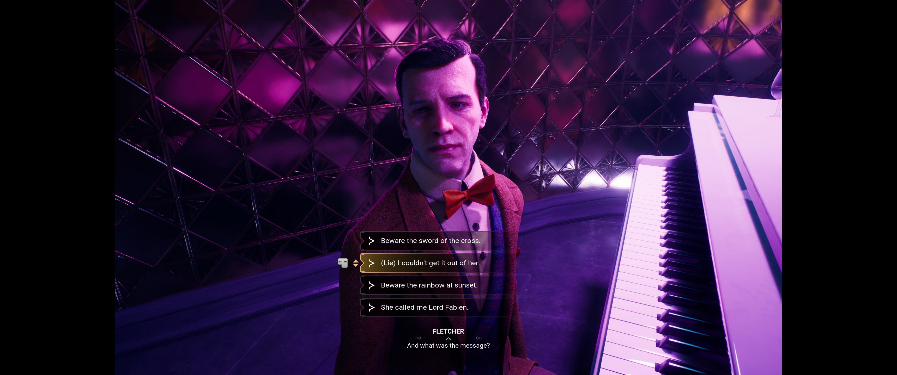 A crisply dressed pianist sitting at the keyboard while talking to you in Vampire: The Masquerade - Bloodlines 2. - 10
