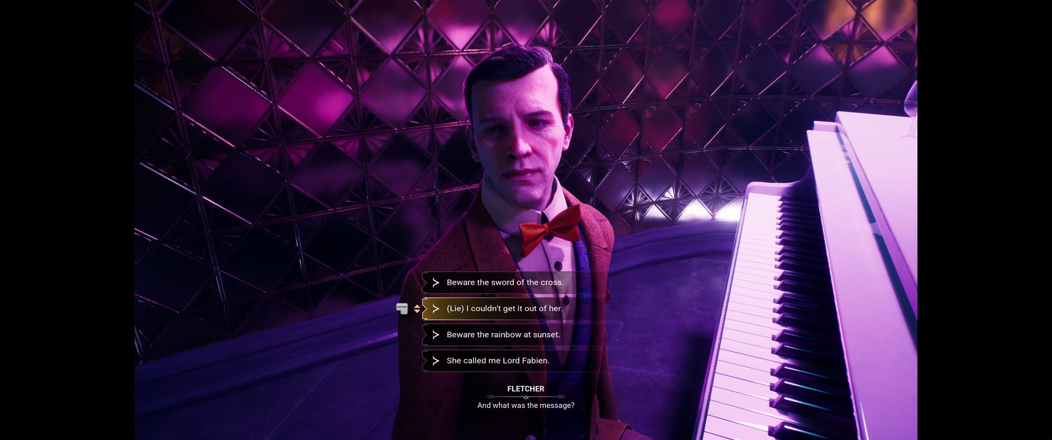 A crisply dressed pianist sitting at the keyboard while talking to you in Vampire: The Masquerade - Bloodlines 2. - 10
