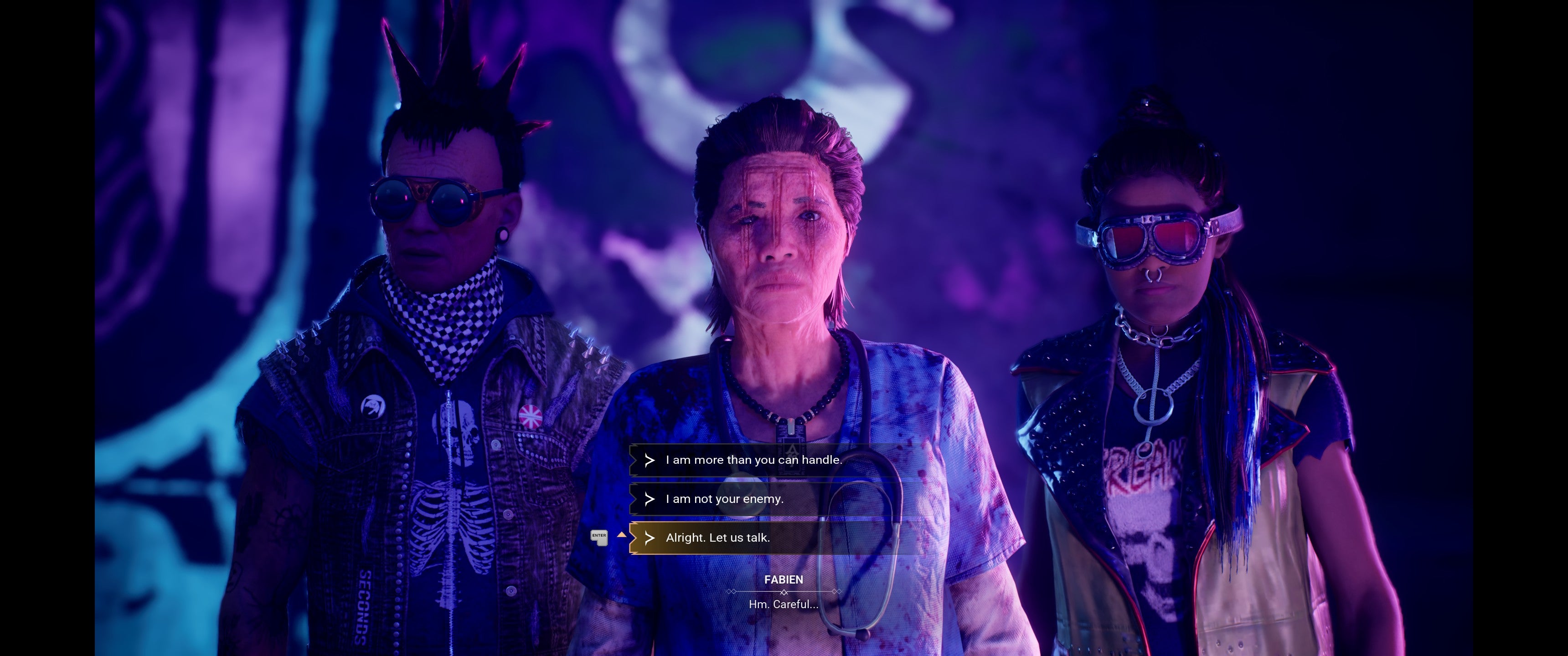 A dialogue scene from Vampire: The Masquerade - Bloodlines 2, showing three vampy characters talking to you. - 3