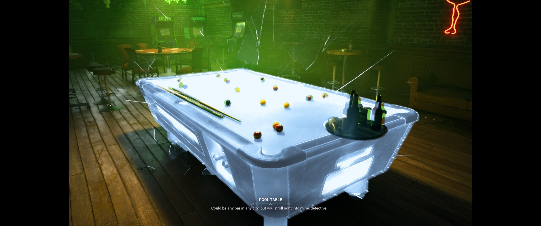 A scene of a nooker table lit white by some dark art in Vampire: The Masquerade - Bloodlines 2. - 11