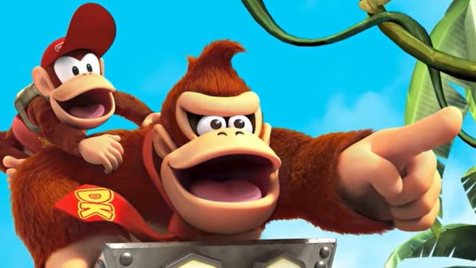 Diddy and a pointing DK in Donkey Kong Country Returns HD