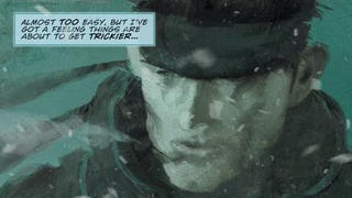 In this stylised illustration of Solid Snake from the MGS Digital Graphic Novel, Snake says: "Almost too easy, but I've got a feeling things are about to get trickier." Snake wears a band around his head and snow blows across his face.