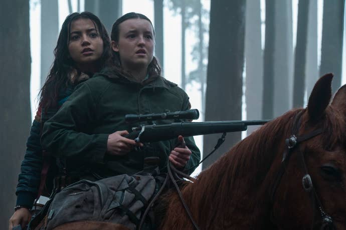 Dina and Ellie on the back of a horse in The Last of Us season two