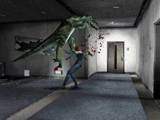 A dinosaur lunges at Regina in Dino Crisis