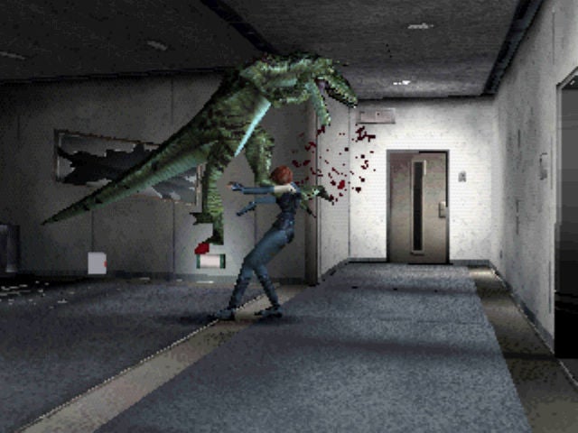 A dinosaur lunges at Regina in Dino Crisis - 24