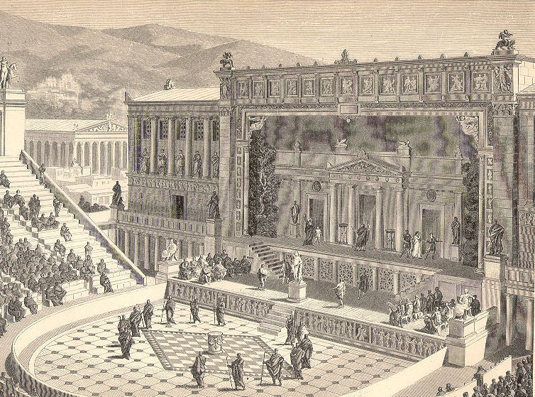 A drawing of an Ancient Greek theatre, viewed from the stands. Taken from a late 19th century German encyclopedia.